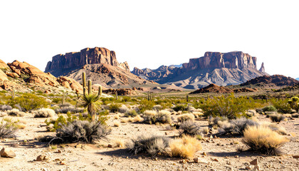 Wild West desert landscape, featuring majestic rocky plateaus rising from the aridterrainisolated on white background. Suitable for marketing or business purposes. PNG isolated on transparency 