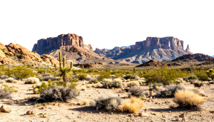 Wild West desert landscape, featuring majestic rocky plateaus rising from the aridterrainisolated on white background. Suitable for marketing or business purposes. PNG isolated on transparency 