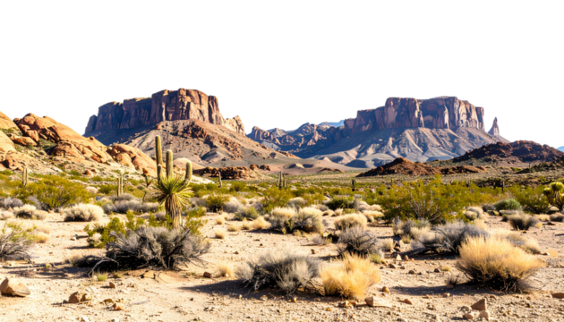Wild West desert landscape, featuring majestic rocky plateaus rising from the aridterrainisolated on white background. Suitable for marketing or business purposes. PNG isolated on transparency 