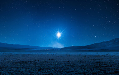 Luminous star illuminating blue desert plains under night sky. Christmas theme.  
