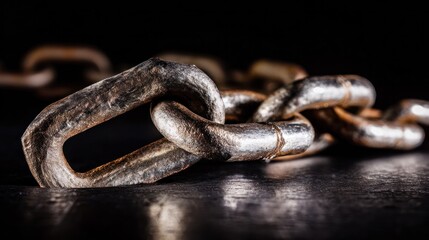 Obraz premium Shattered iron chain links on dark background representing resistance and personal liberation