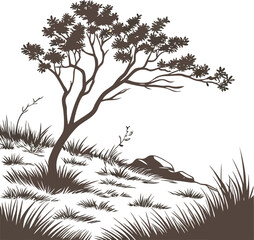 Bare tree and plant silhouette vector illustration set for forest or winter nature design