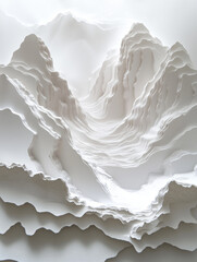 stunning paper landscape showcasing intricate layers of white topography, resembling mountains and valleys. delicate craftsmanship highlights beauty of paper art and its ability to create depth