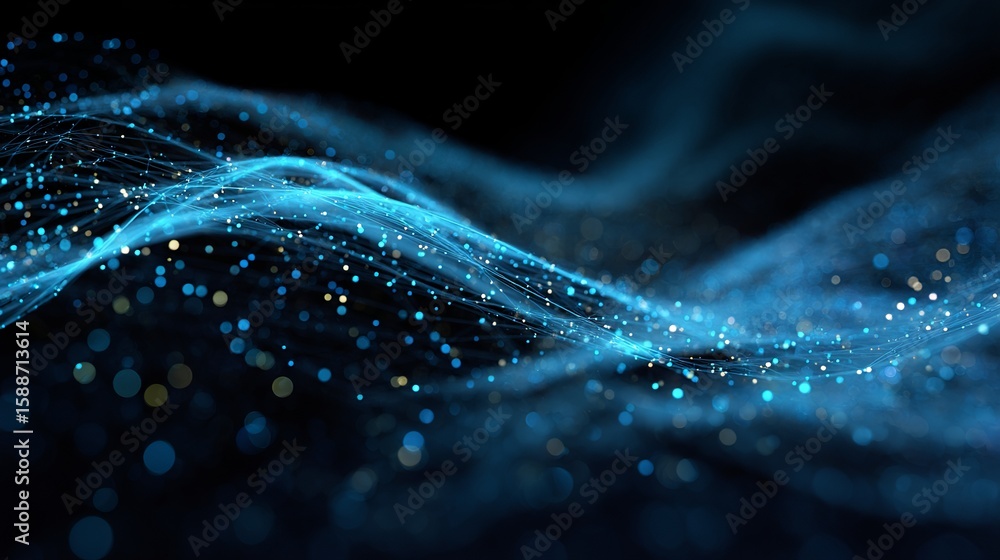Poster abstract waves of light with glowing particle strands and a mesmerizing network against a dark backg