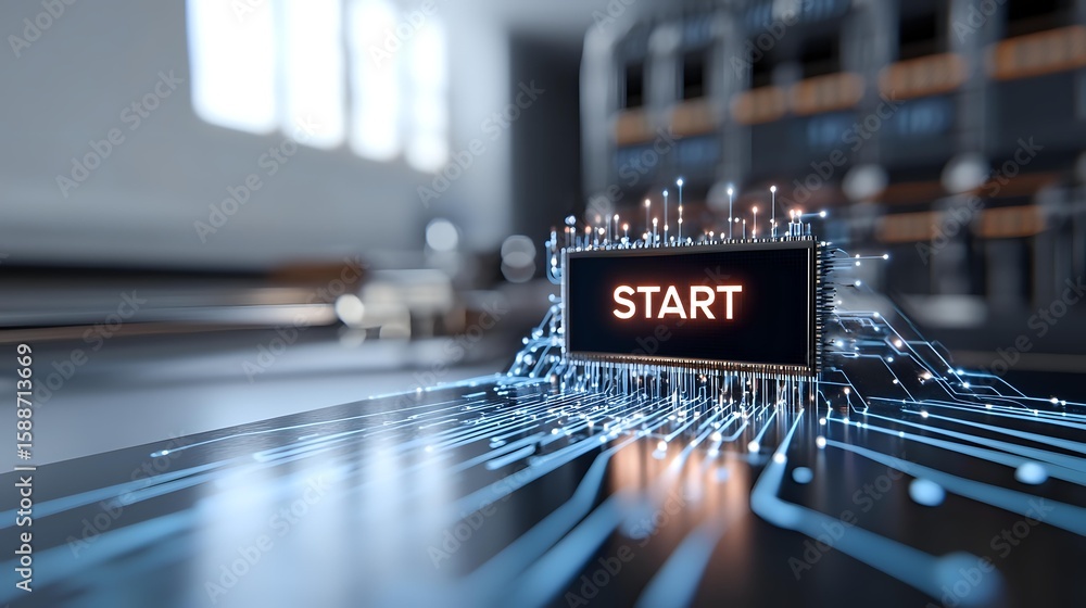Poster glowing circuit board paths lead to illuminated start button on dark background with blue technology