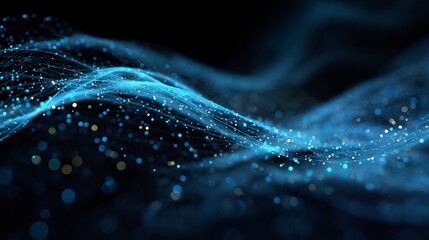 Abstract waves of light with glowing particle strands and a mesmerizing network against a dark background.