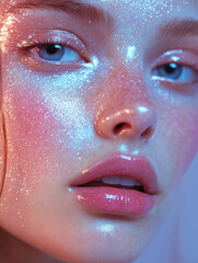 Glowing skin with shimmering highlights, showcasing close up portrait of young woman. radiant complexion features sparkling details and soft, glossy finish, creating ethereal look