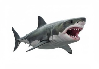 Fierce great white shark with mouth open showing sharp teeth isolated on white background