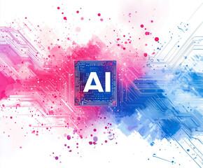 Abstract circuit board background with AI symbol, featuring vibrant pink and blue watercolor splashes, representing technology and innovation