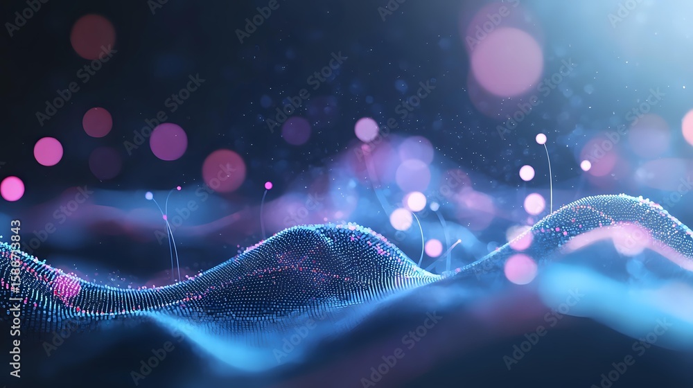 Poster digital wave pattern with glowing particles and bokeh lights in blue and pink colors against dark ba