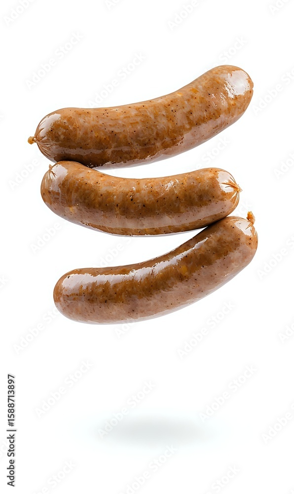 Poster fresh cooked bratwurst sausages floating on white isolated background with soft shadow. ready for me