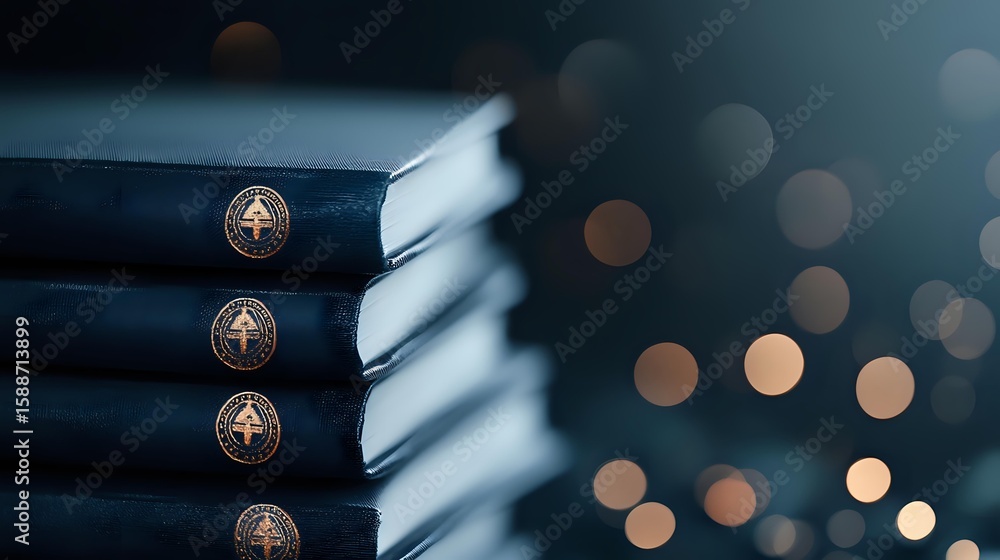 Poster stack of navy blue hardcover books with gold embossed compass design on spines against dark backgrou