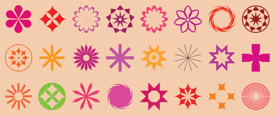 Set of brutal geometric playful flower star shapes. Brutalist basic figures. design elements.