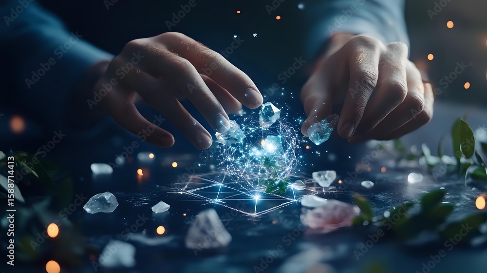 Aufkleber magical hands manipulating glowing digital network sphere with crystals and bokeh lights on dark bac