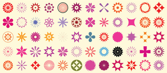 Set of brutal geometric playful flower star shapes floral symmetrical tattoo shape vector. Brutal geometric playful.trendy vintage 80s style,