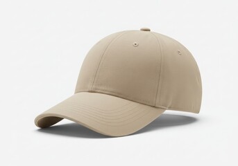 Fototapeta premium A plain beige baseball cap with a curved brim isolated on white background