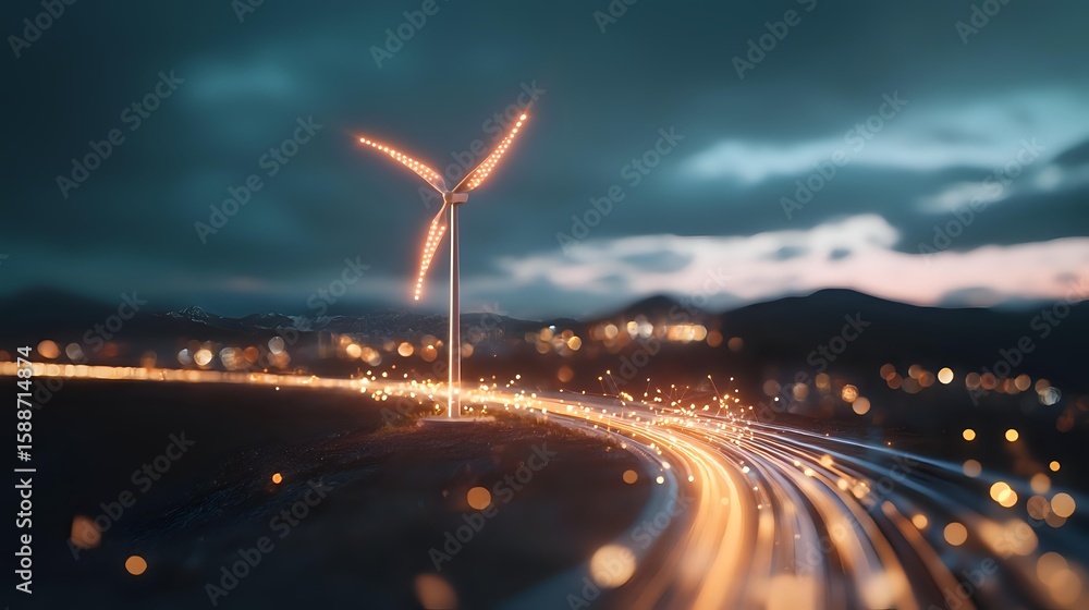 Poster glowing wind turbine against dramatic evening sky with light trails from traffic creating curved pat