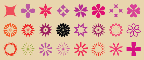 flower star shapes in minimalistic retro y2k style.
Set of brutal geometric playful flower,Brutalist basic figures. design elements.