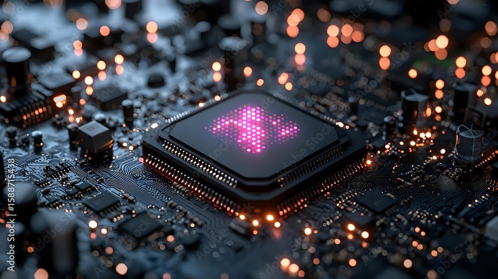 Poster glowing pink heart symbol on computer processor chip with bokeh lights on dark circuit board backgro