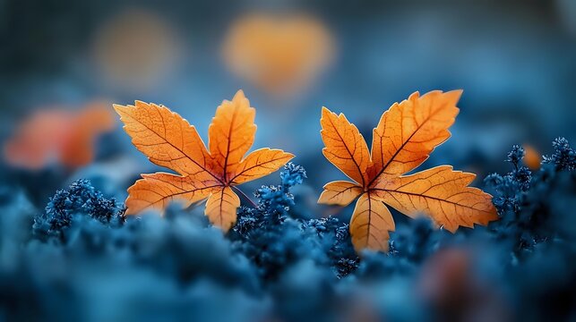Fototapeta Vibrant orange maple leaves resting on blue moss create dramatic autumn contrast with selective focus and dreamy bokeh effect, showcasing seasonal nature photography.