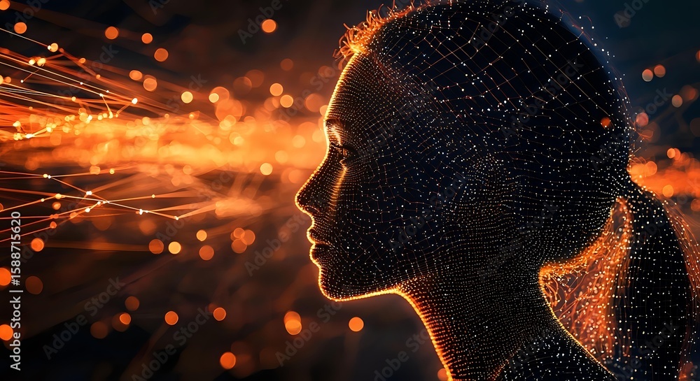 Aufkleber digital profile silhouette of woman with glowing orange particles and light trails creating futurist