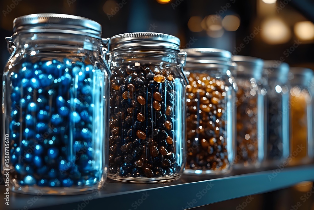 Poster glass mason jars filled with colorful round candies and chocolates arranged on blue shelf against da
