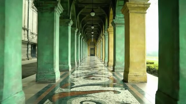 Architectural colonnade with decorative floor extending into distance