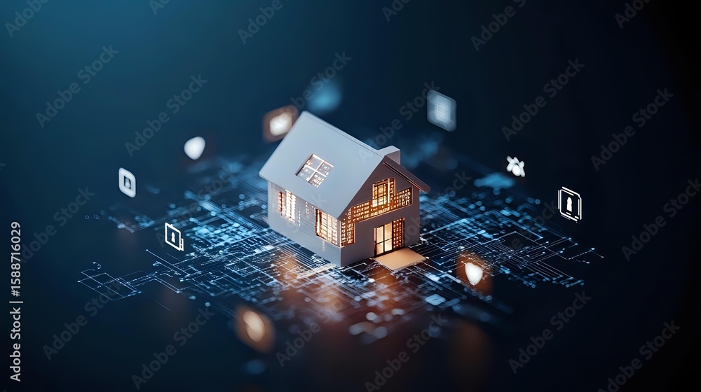 Poster glowing house model on digital circuit background with floating technology icons, representing smart