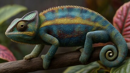 Fototapeta premium Vibrant chameleon blue yellow green scales reptile branch image