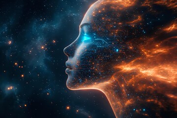 Ethereal female profile merging with cosmic nebula, glowing circuit patterns and orange energy streams against starry space background for futuristic concepts.