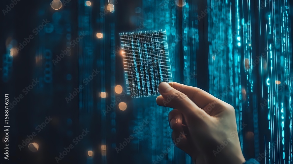 Poster hand holding transparent digital card against glowing blue matrix code background with bokeh light e