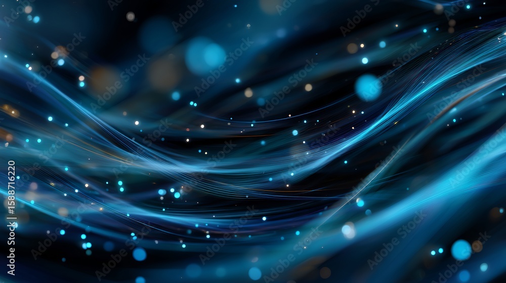 Poster abstract digital wave with glowing particles creating an ethereal and futuristic background with dar