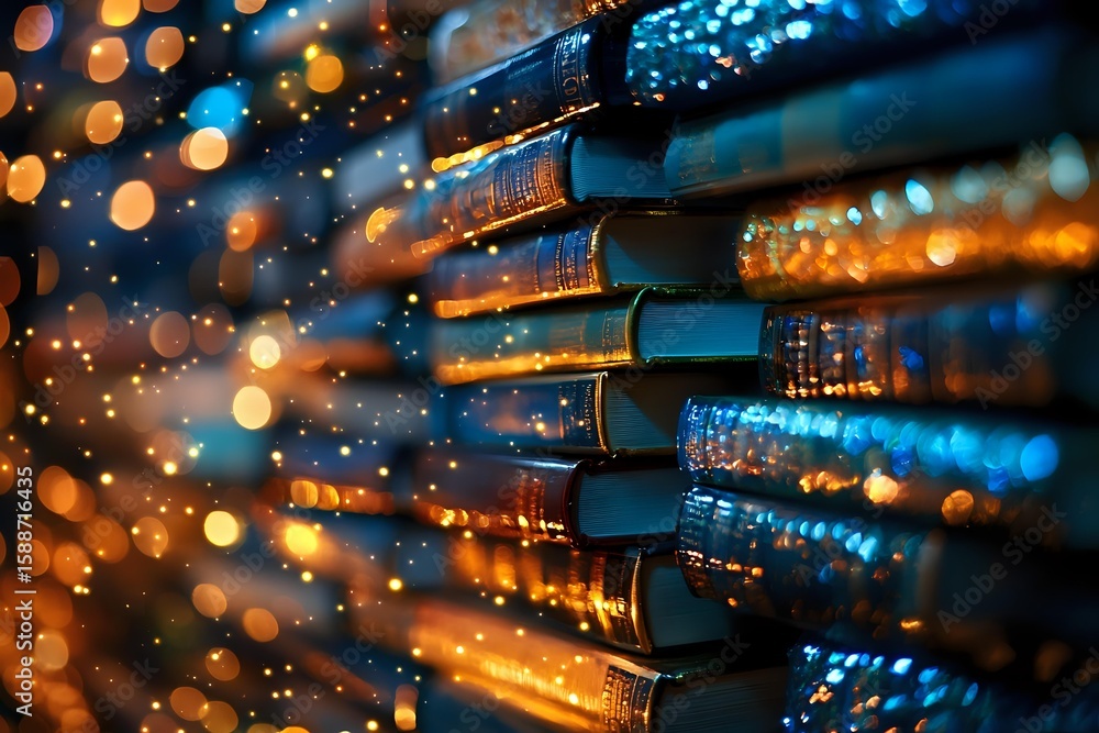 Aufkleber stack of books with magical glowing bokeh lights creating dreamy atmosphere against dark background.