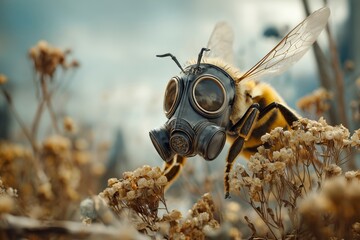 A bee wearing a gas mask hovers over a flower in a post-apocalyptic setting. The surreal image combines themes of nature and dystopia. Ecosystem pollution concept.