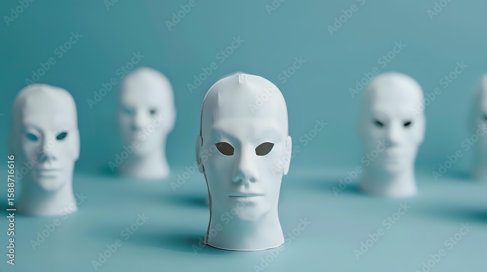 Poster white mannequin heads arranged in row on turquoise background, center head in sharp focus while othe