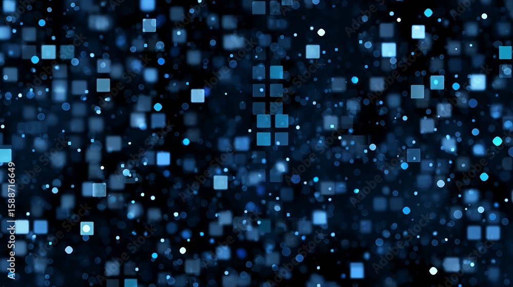 Poster captivating cosmic array featuring glowing squares and dots in shades of blue against a deep dark ba
