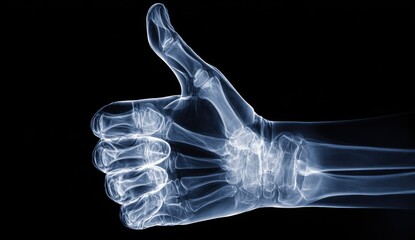 X-ray image of a hand giving a thumbs up gesture, showcasing the intricate skeletal structure and anatomical details.