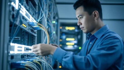 IT Technician Inspecting Fiber Optic Cables in a Data Center Server Room - Powered by Adobe