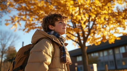 Teen in beige puffer jacket crossing a campus path with intent gaze and fall foliage