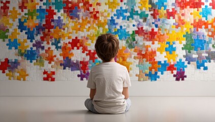 Young child sits contemplating a large colorful jigsaw puzzle, representing challenges and problem-solving.