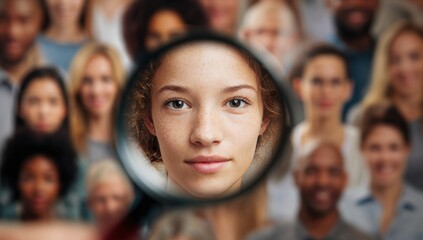 Young woman's face is in sharp focus, highlighted by a magnifying glass, while a diverse crowd blurs in the background, suggesting the importance of