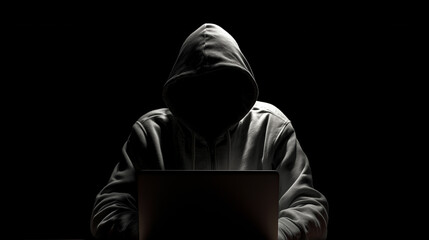 Hooded Person Using Laptop in Dark Room – Realistic Grayscale Digital Art with Dramatic Shadows