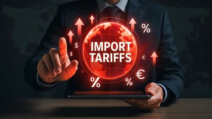 Businessman at desk interacts with holographic globe and red arrows and text import tariffs showing economic data, concept of import tax, tariff document, export duty in global trade - Powered by Adobe