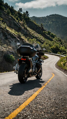 Fototapeta premium Photo of motorcycle parked on a winding mountain road on a sunny day