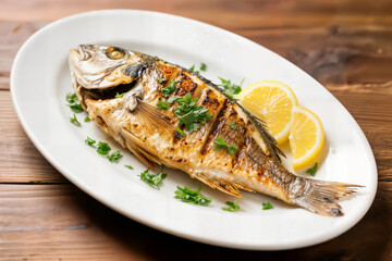 fish food on white plate with lemon concept comida de pescado en plato blanco con concepto de lim&oacute;n nourriture pour poissons sur assiette blanche avec concept de citron balık