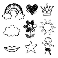 Fototapeta premium Whimsical Hand-Drawn Crayon Icon Set for Playful Designs | Rainbow icons. Heart icons. Crown icons. Flower icons. Sun icons. Smile icons. Star icons. Cloud icons. School icons.