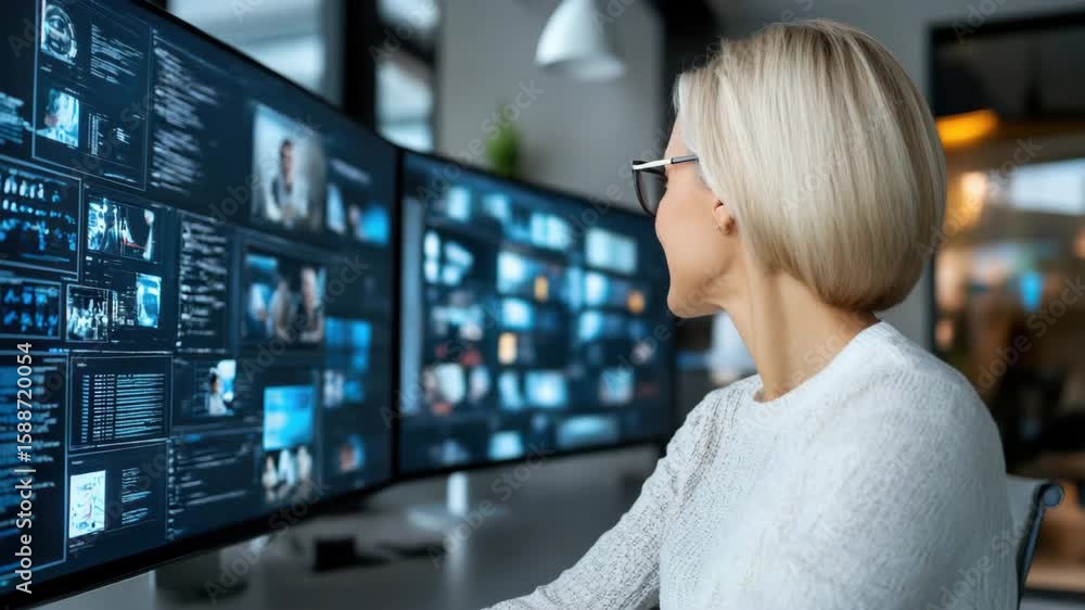 Poster blonde woman analyzing data on multiple computer screens in modern technology environment