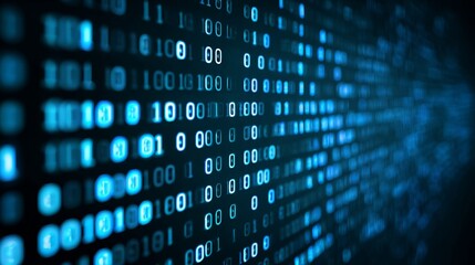 Binary code in electric blue hues represents data streams and information technology on a black background creating depth.