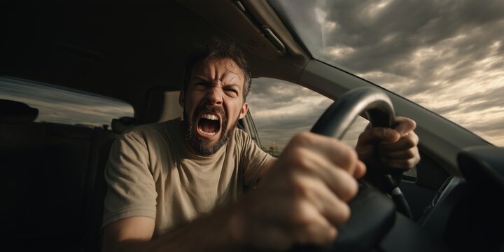 A man is screaming with an intense expression while gripping a steering wheel inside a car. The dramatic lighting and his focused gaze evoke a sense of urgency and emotion.
