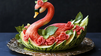Naklejka premium Watermelon Swan Sculpture: Exquisite watermelon swan sculpture, a testament to culinary artistry, adorned with intricately carved roses and lush greenery, poised on a decorative platter.